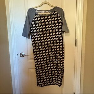 LuLaRoe Black and White Westie Scottie Dogs Midi Dress with Gray Sleeves